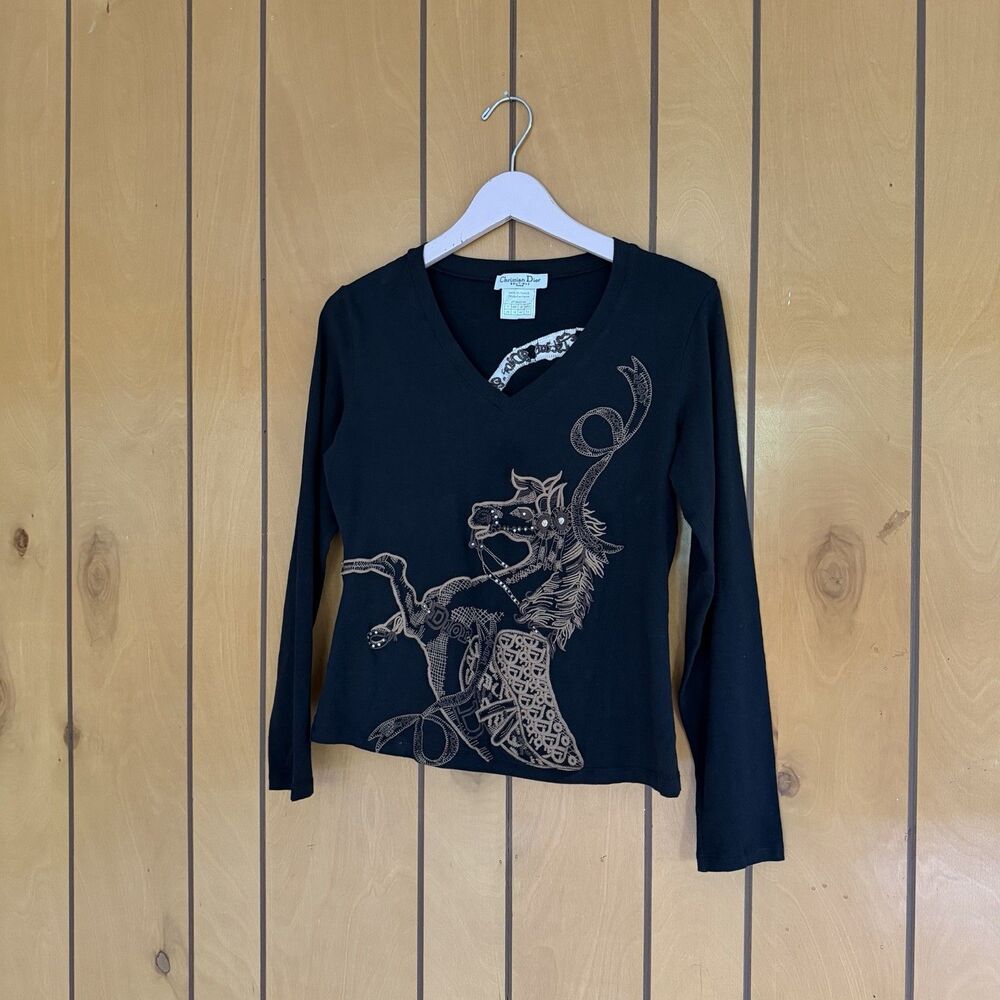 Vintage Christian Dior Embroidered Women’s V Neck T Shirt 2006 Horse US 14 Black